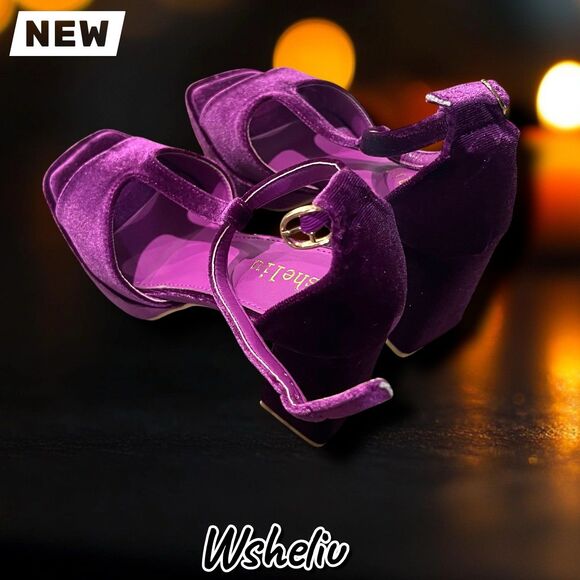New Wsheliu Purple Velvet Platform Block Heel Sandals – Size 6 - Picture 5 of 10